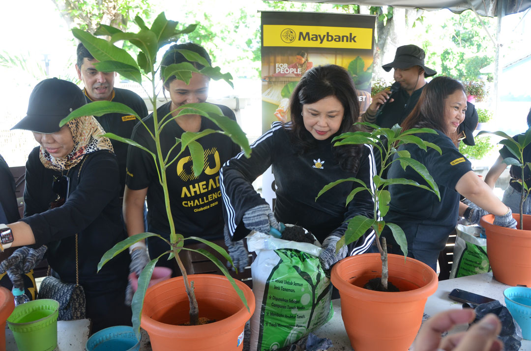 Maybaknk Group Human Capital Team planting tree saplings in pots to be distributed to selected local communities